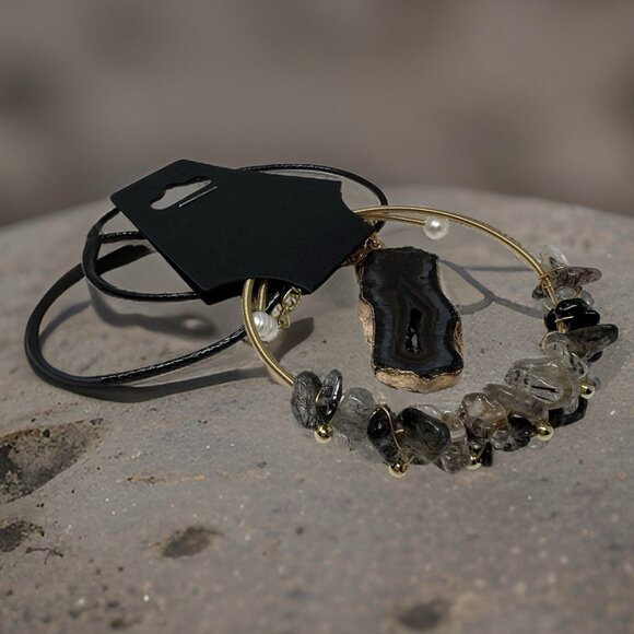 Black Agate Tourmalinated Quartz Bracelet and Necklace Bundle Jewelry Set - Picture 2 of 11